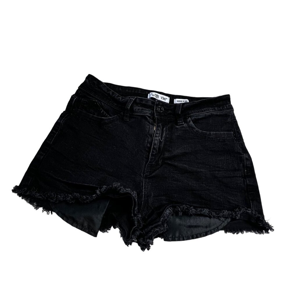 Wanna Betta Butt YMI Jean Shorts 7 High Rise Frayed Hem Black Denim Festival